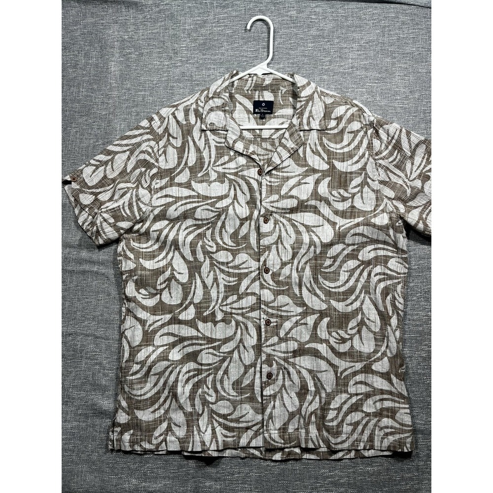 Ben Sherman Men's Brown/White Tropical Floral Woven Linen Button-Up Pockets L